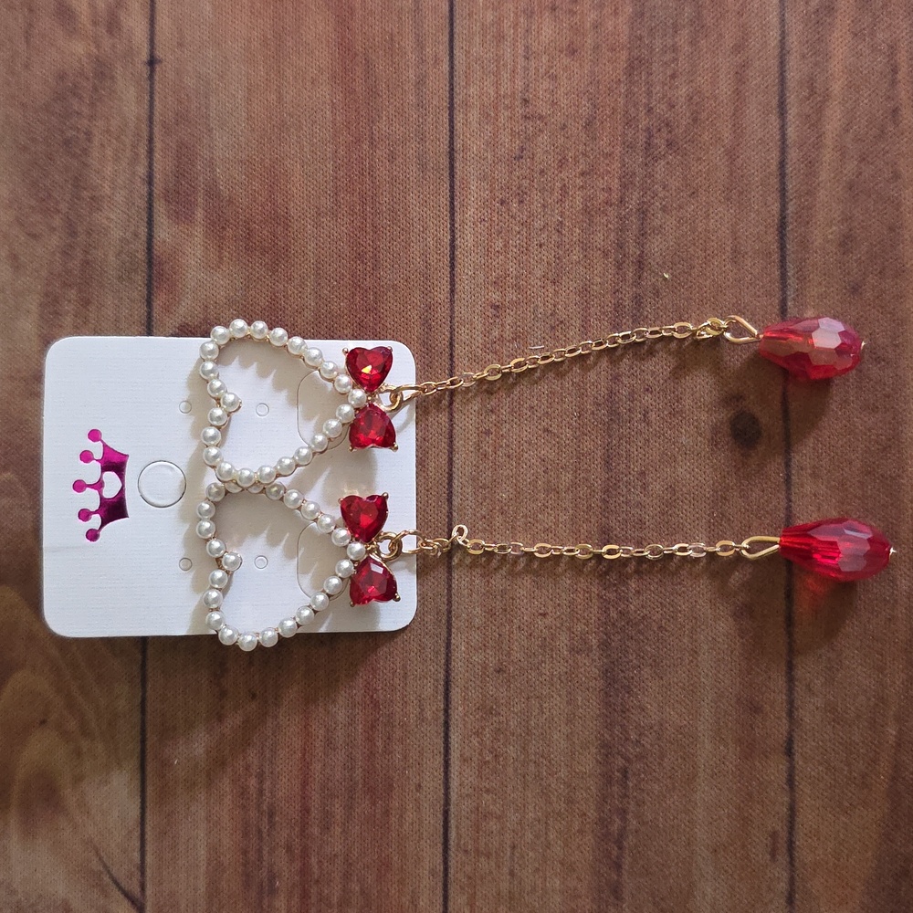 Pearl Heart And Red Bow Rhinestone Bead Drop Earrings With Post Backs